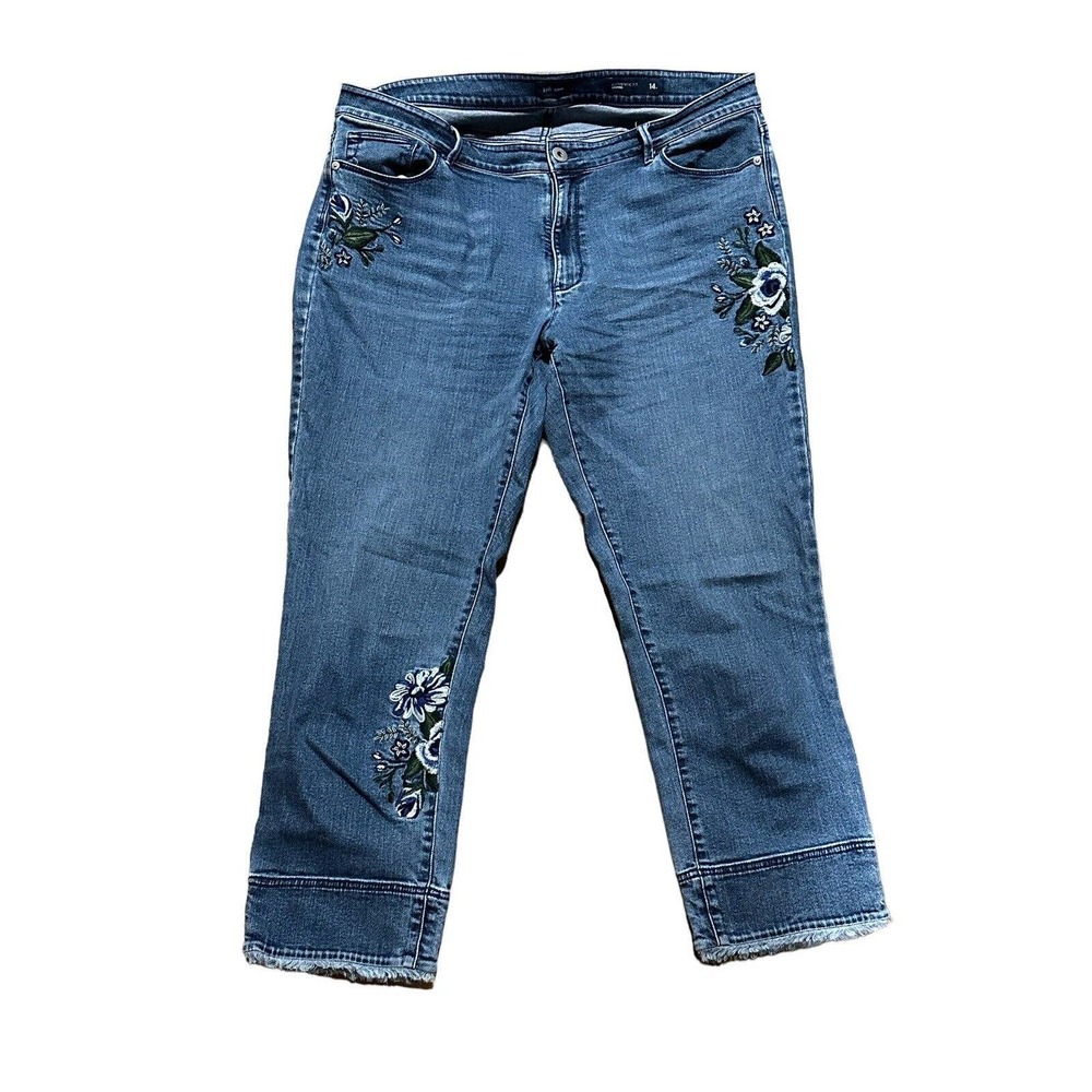 J Jill Denim Women's 14 Tall Blue Jeans Authentic Fit Cropped Floral Embroidered